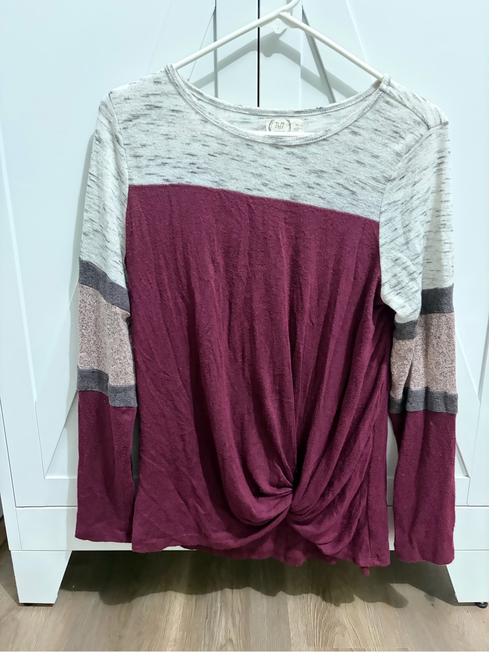 Maurices Colorblock Twist-Front Long Sleeve Top - Burgundy, Cream, Gray